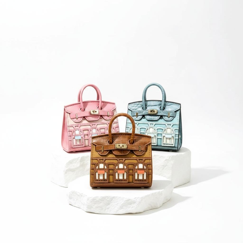 3 sacs rose bleu marron fond blanc